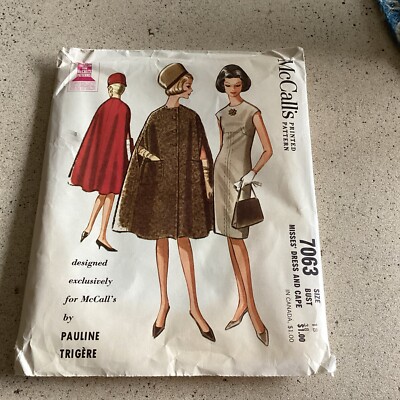 McCall's 7063 Pauline Trigere Misses Vintage Size 18 Bust 38 Dress & Cape Uncut