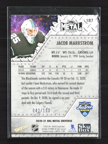 Jacob Markstrom 2020-21 Metal Universe: Precious Metal Gems Red #187 Canucks - Picture 2 of 2