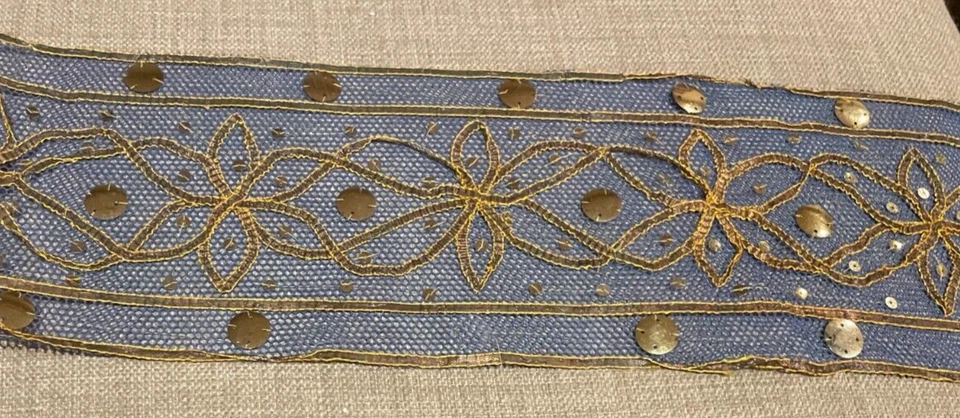 Lantejoulas de costura vintage azul sari borda 8+ jardas bordadas à mão acabamento artesanal renda - Imagem 4 de 4