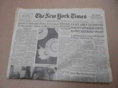 1972 APOLLO 17 SPLASHDOWN New York Times Newspaper December 20 Last Moon Landing