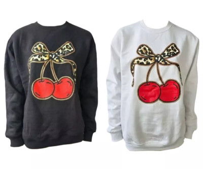 Damen Langarm Sweatshirt LEOPARD SCHLEIFE KIRSCHMUSTER Rundhals Damen Pullover