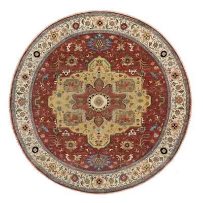 12'x12' Red Antiqued Fine Heris Re-Creation Hand Knotted Wool Round Rug R90740