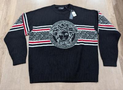 $1650 Mens VERSACE Greca Knit Virgin Wool Crewneck Sweater Black 50 US Large