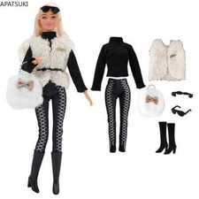 Winterkleidungsset für Barbiepuppe Weiß Pelzmantel Oberteil Hose Stiefel Outfits
