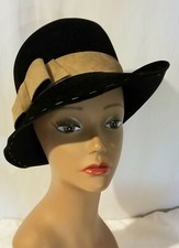 Vintage 1960s Luxuria Black Felt Hat Brown Accent Bow Ribbon Women 7 1/4 Large