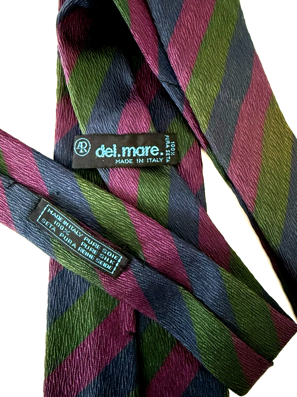 Vintage Del Mare Tie 100% Silk Made In Italy Textured Stripe Purple Green Navy