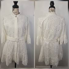 Farm Rio Dress Womens Sz M Eyelet Off-White Palm Tree Mini Euro Summer NWT