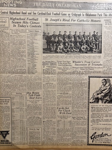 1924 SHAWNEE,OKLA. ST. GREGORY'S COLLEGE FOOTBALL TEAM OKLA. CITY NEWSPAPER PG.