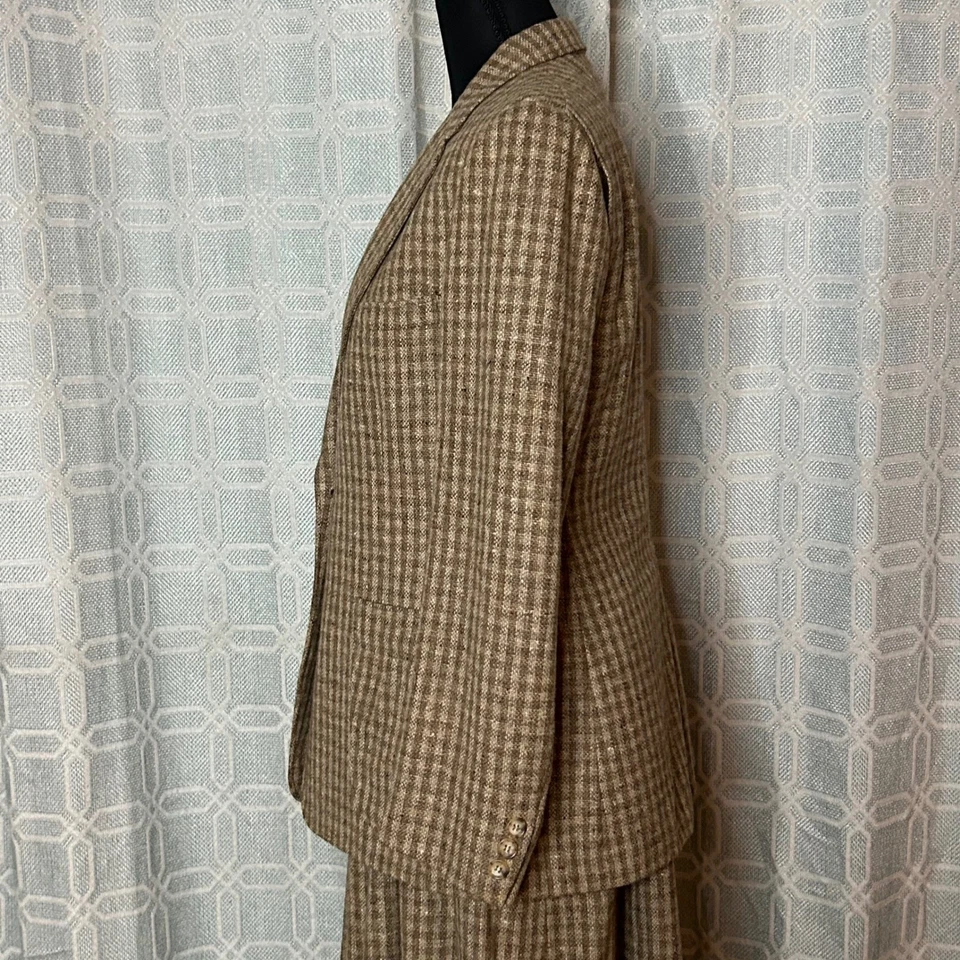 Traje Falda Pata de Gallo Lana ILGWU Años 70 2 Piezas Marrón Beige Tweed Hecho en EE. UU. Retro Foto 3 de 4