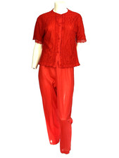 Vintage 70 Sears Nylon 2pc Pajama Set Cherry Red Medium Lace Top Sheer Pants