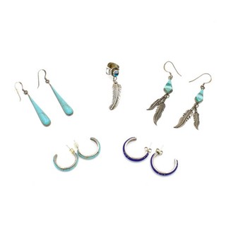 Southwest Sterling Turquoise Lapis Cuff Hoop Dangle Earrings Lot of 5 #S5107 4