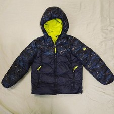 Snozu Boys Navy Blue Puffer Jacket Hooded Yellow Fleece Lined Size 6