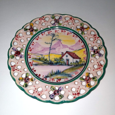 Vtg Alcobaca Portugal E.P.L. Hand Painted Decorative Plate Ceramic Lattice Dish