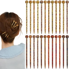24 Pcs Boho Vintage Wood Hair Sticks Japanese Chinese Hairpin Red, Orange 