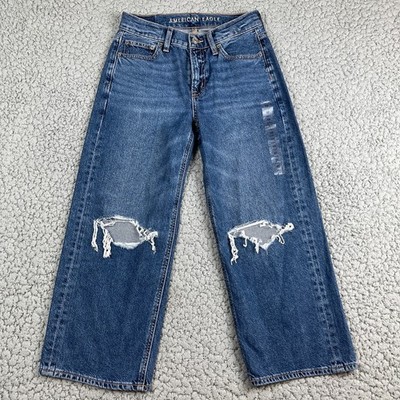 American Eagle Jeans Women 00 Short Blue 90s Wide-Leg Crop Distressed Denim