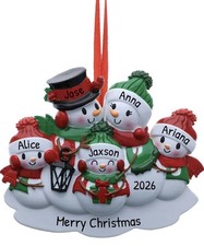 Personalized SNOWMAN FAMILY of 5 Christmas Tree Ornament GIFT, Mom Dad 3 Kids