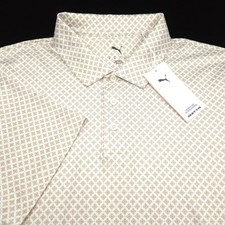 Puma Polo Shirt Golf -M- Tan White Diamond Dot Stretch Mattr PERFORMANCE Poly