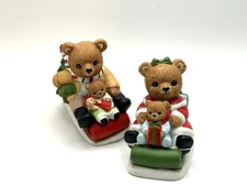 Vintage Homco Christmas Figurines -  Bear Family Sledding 3" -  Set of 2