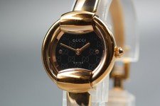 [N MINT]  Vintage Gucci 1400L 25mm Black Logo Dial Gold Bangle Qz Women's Watch