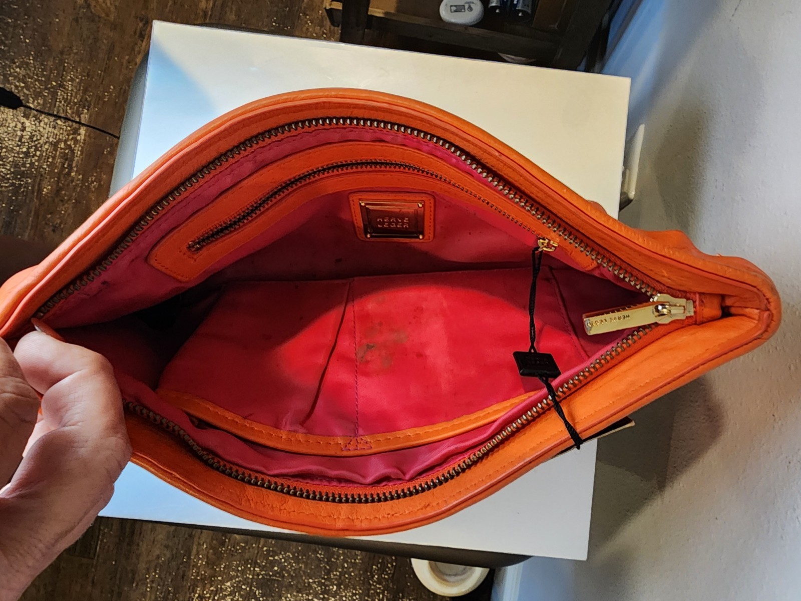 VINTAGE Hervé Léger Orange and Pink Acrylic Chip Fringe Clutch Handbag 12.5 x 7" image 9
