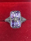 Beautiful Art Deco ANTIQUE DIAMOND & AMETHYST STERLING SILVER RING 9 Filigree De
