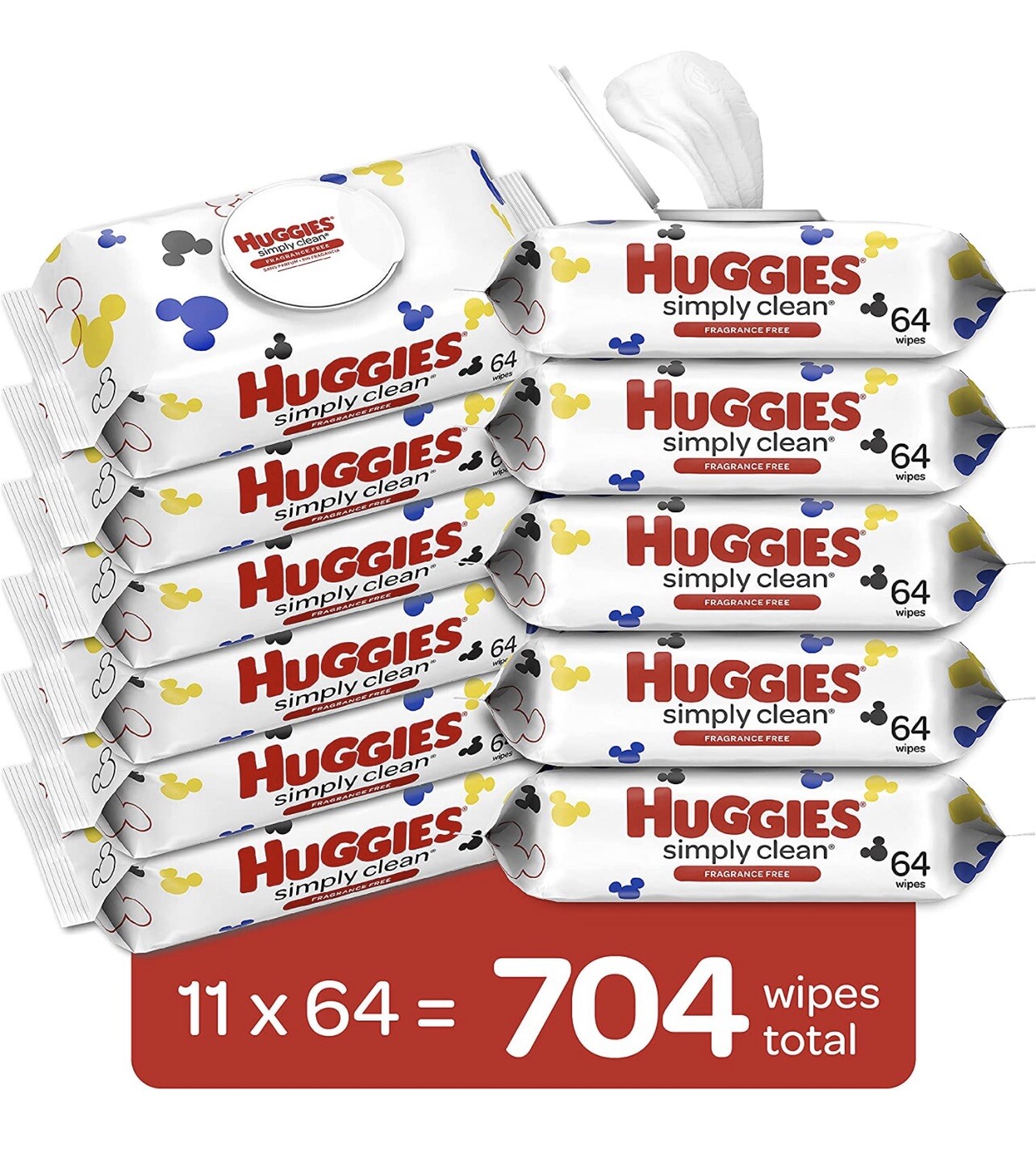 Huggies Simply Clean Unscented Baby Wipes, 11 Flip-Top Packs (704 Wipes Total)