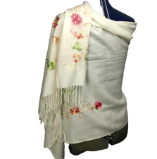 Pashmina-Silk Blend Floral Embroidered Fringed Rectangle Scarf White 74x27