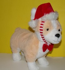 12" FAO Schwarz Cream  White Corgi Puppy Dog Plush w/ Santa Hat Headband