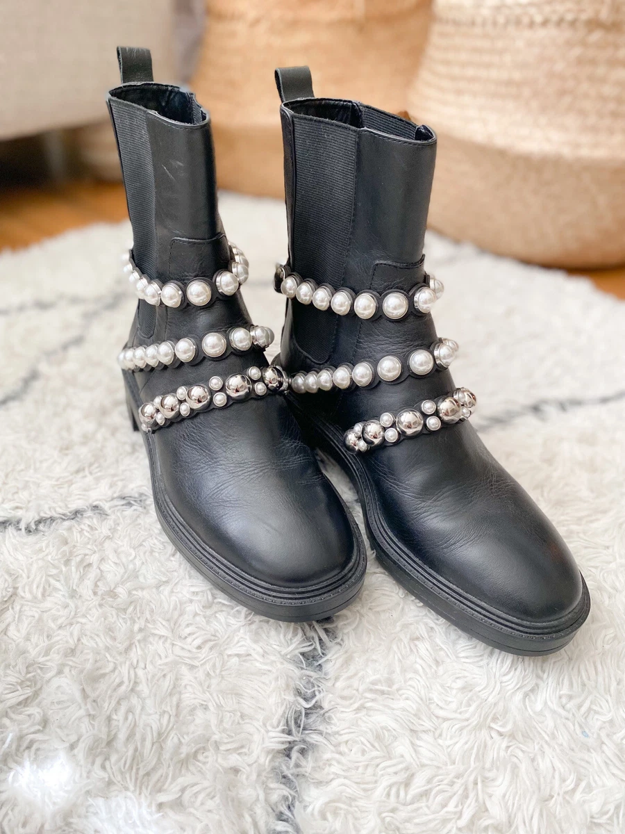 ZARA Pearl Stud Embellished Chunky Leather Chelsea Boots Women Size 7