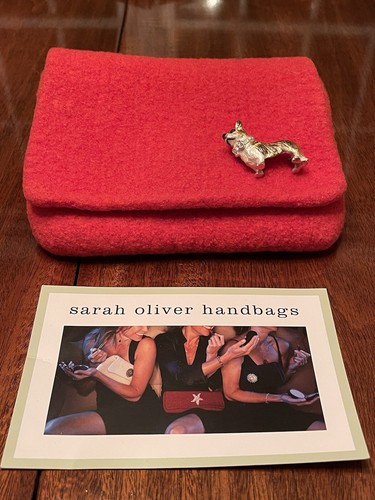 SARAH OLIVER HANDBAG Red Boiled Wool Gold Tone Dog BROOCH Wristlet Clutch Pouch - Picture 2 of 11
