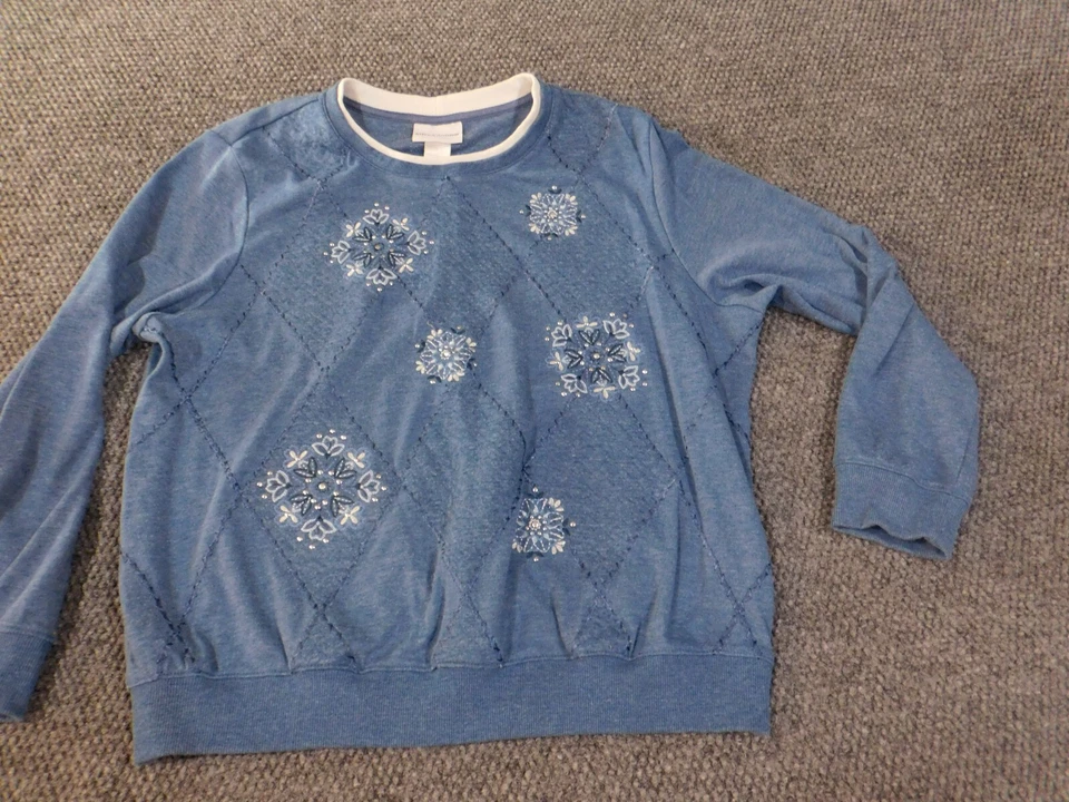 Alfred Dunner Sweater Large Blue pullover crewneck embroidered holidays xmas - Image 3 of 4
