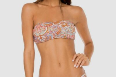 $96 Luli Fama Women's Orange Paisley Convertible Bandeau Top Swimwear Size L