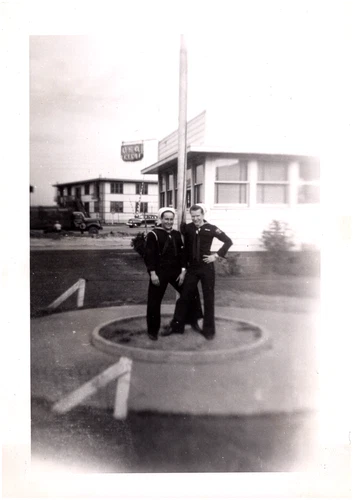 Navy Sailors Outside of USO Club Maryland WW2 Era 1940s Vintage Military Photo