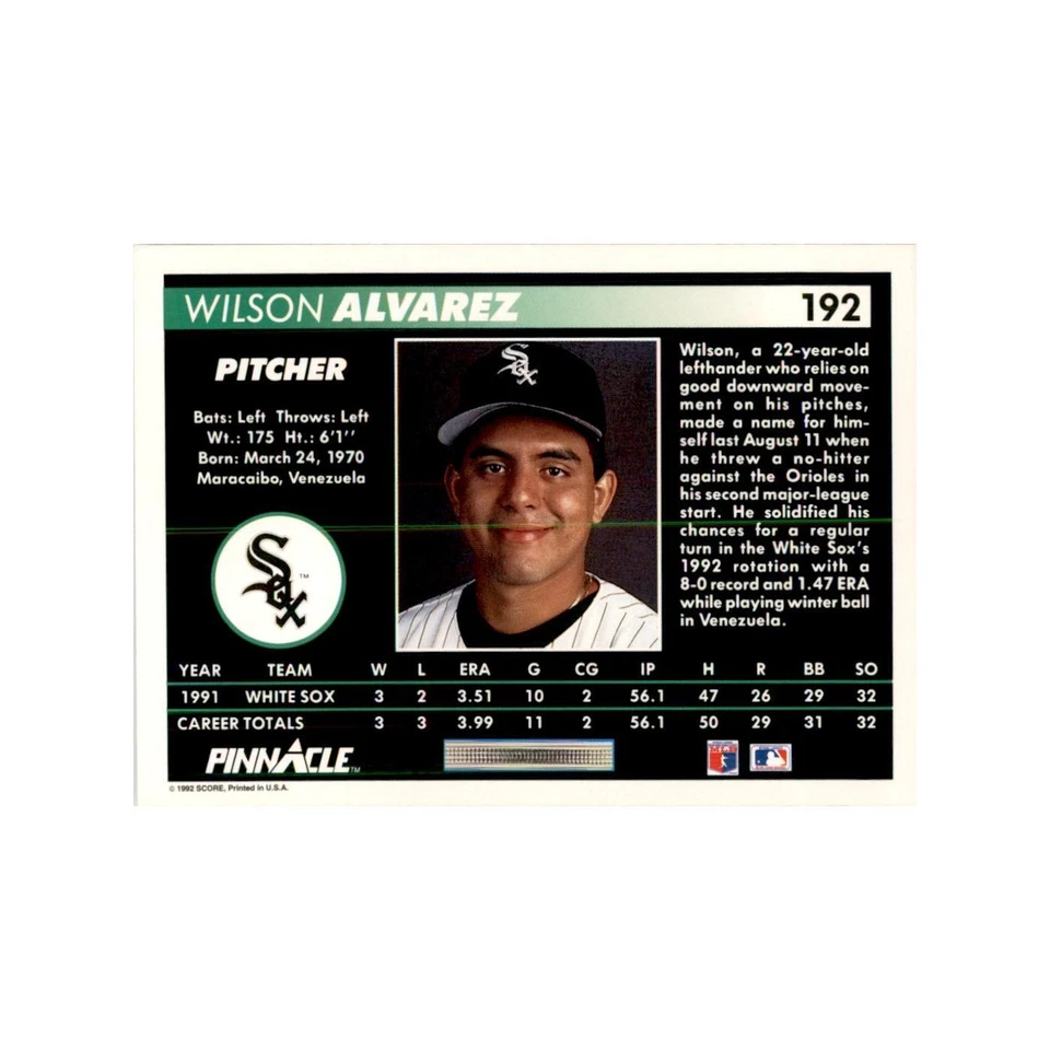 1992 Pinnacle Wilson Alvarez Baseball Cards #192 - Image 2 of 3