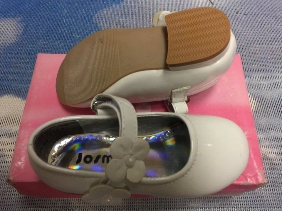 Zapato de vestir Josmo blanco charol gancho y lazo con correa de flores Mary Janes niño pequeño talla 6 Foto 3 de 4