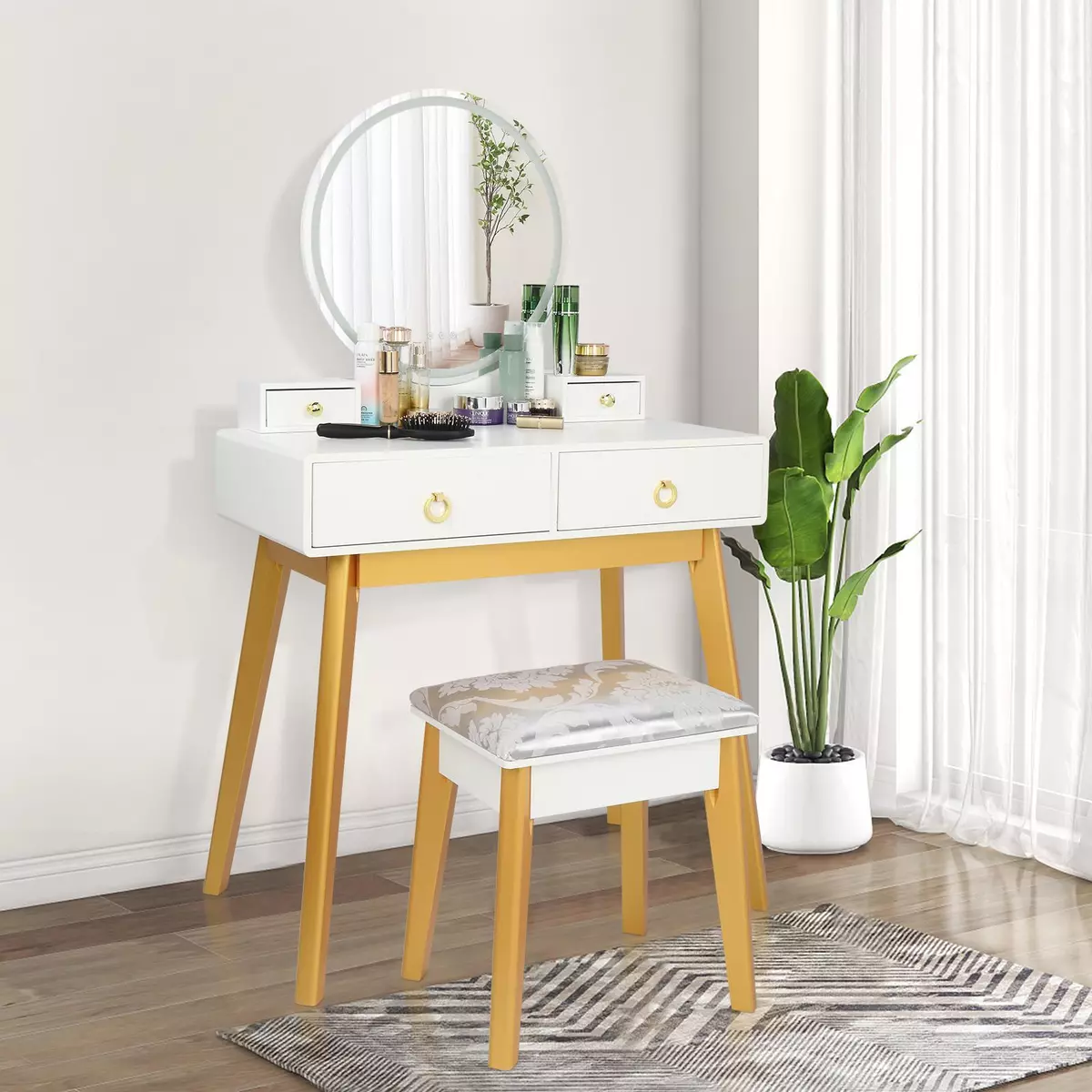 Luxury round mirror dressing table with stool and small shelves on side  design ideas | Dressing table decor, Dressing table design, Home room design