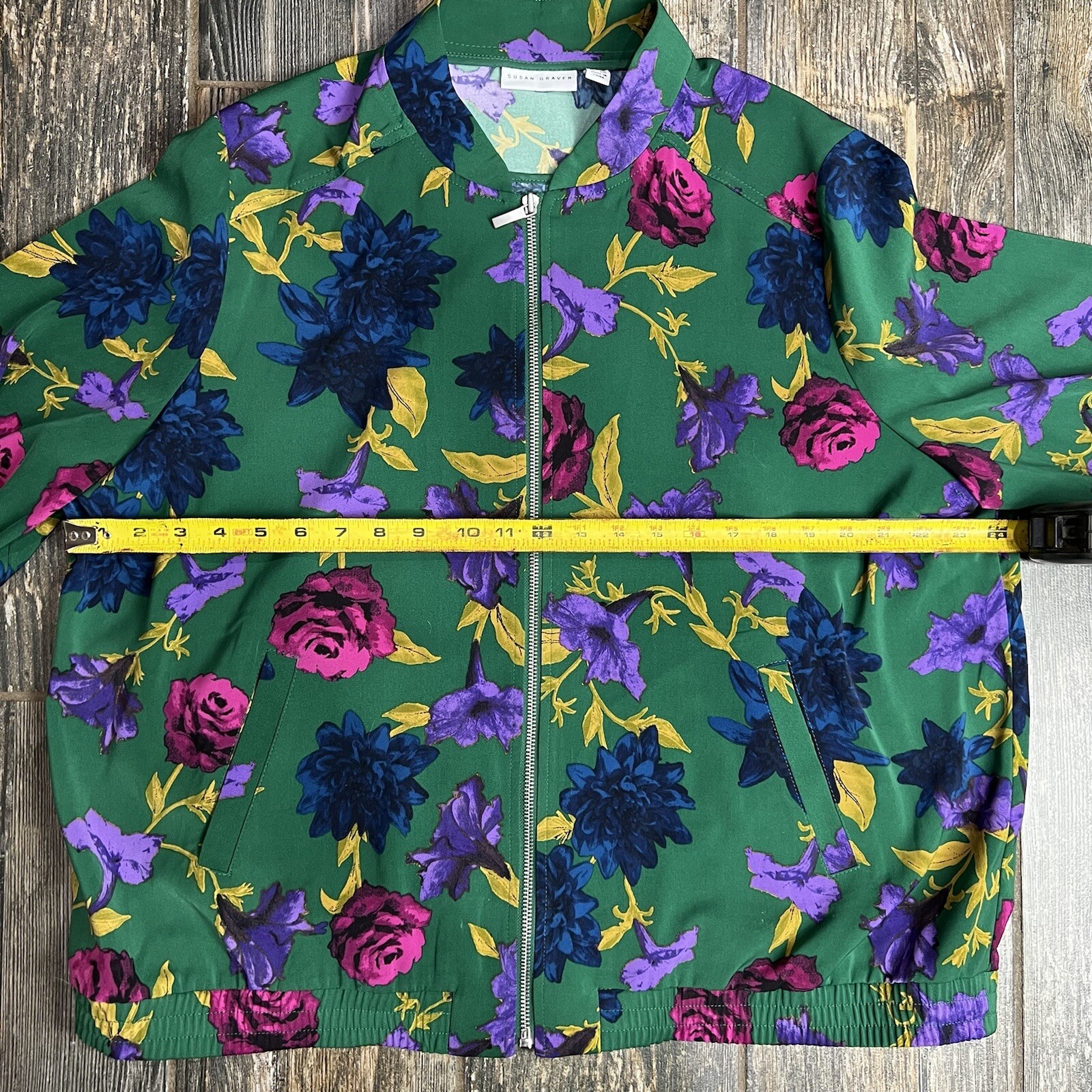 Susan Graver Satin Jacket Green Floral Zip Up Woman S… Gem