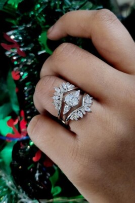 3.30 CT Oval Simulated Diamond Enhancer Wrap Trio Ring Set 14K White Gold Plated