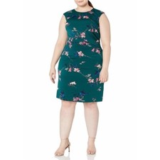 Eliza J Printed Sheath Dress Floral Knee Length Sheath Green Cap Sleeves