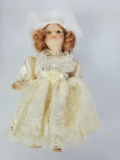 Vintage Kurt S Adler Miniature Porcelain Doll Ornament Brown Hair Lace Dress