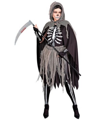 Widmann Grim Reaper (Bones Dress, Tights & Gloves, Hooded Cape, Chains) (S) Grey