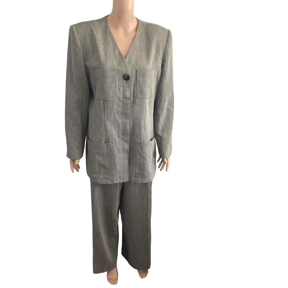 Traje Pantalón Albert Nipon 2 Piezas Mujer 16 Mezcla Lana Gris 5 Botones  Foto 3 de 4