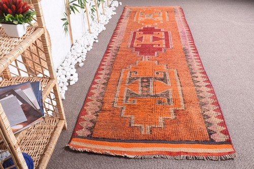 Turkish Rug, 3,3x10,8 ft Runner Rug, Orange Solid Wool Vintage Rug