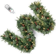 9FT Pre-Lit Artificial Christmas Garland with Dual Color LED Lights and Timer
