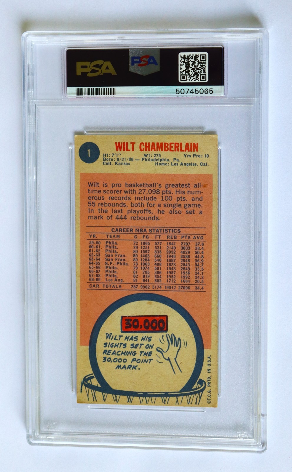 1969-70 topps # 1 wilt chamberlain psa 4 vg-ex view 2