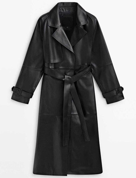 Women Massimo Dutti Trench Coat Black Leather S