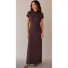 Vintage Cheongsam Qipao Dress Medium Burgundy Black Floral Brocade Maxi Gothic