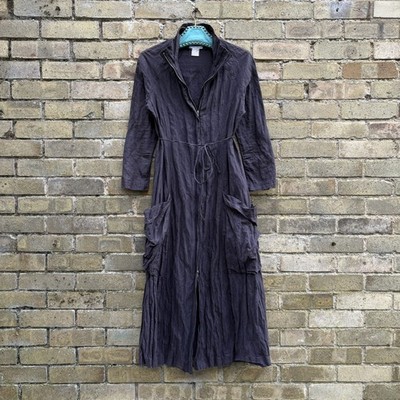 Vintage Sarah Pacini 00s Crinkle Plissé Linen Blend Maxi Coat Navy Size S UK8 