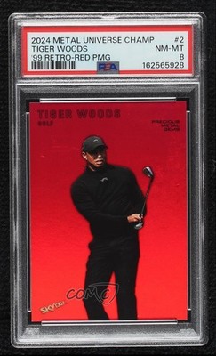 2024 Skybox Metal Universe Champions 1999-00 Retro PMG Red Tiger Woods PSA 8 5x5