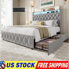 King Queen Bed Frame with 4 Storage Drawers, Charging Station, LED Lights Velvet